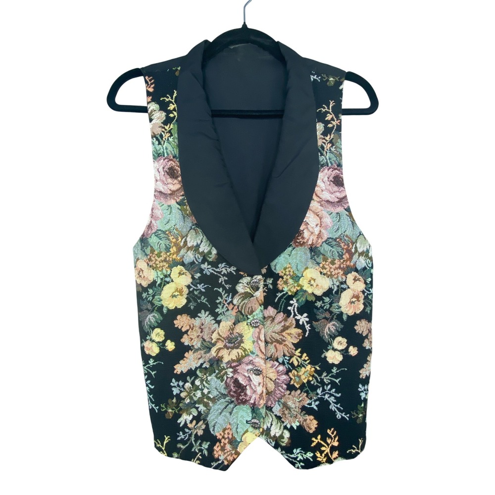 VTG Sweet & Sassy Floral Tapestry Vest M Shawl Collar Tie Back Brocade 90s USA